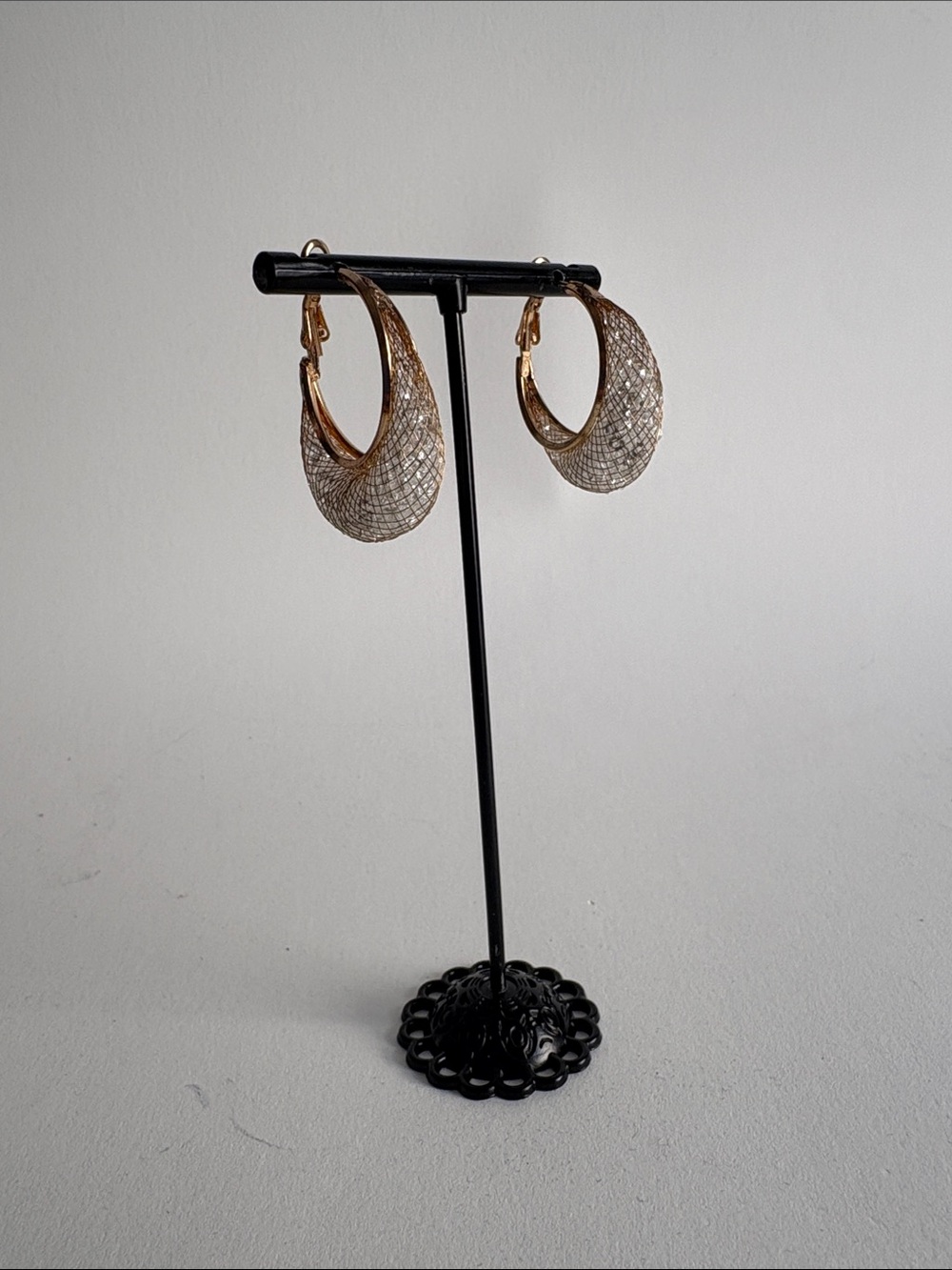 Gold Textured Cage Hoop Earrings Clear Bead Inside Women Jewelry